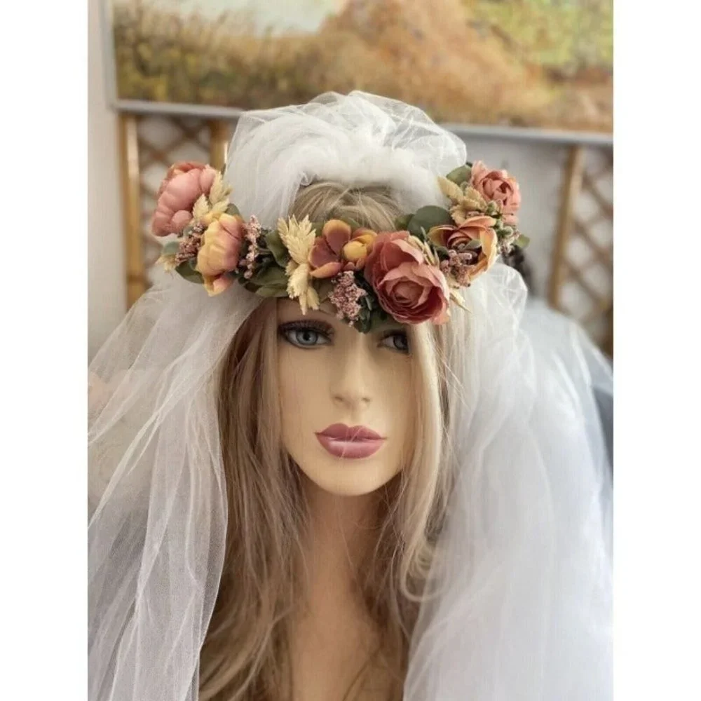 Vintage Bridal Wedding Hair Accessory Crown Earth Tones Boho Unique Handmade 70s